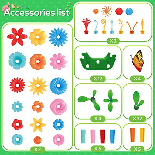 YEEBAY Flower Garden Building Toys for Girls Age 3, 4, 5, 6, 7 Year Old - STEM Gardening Toys for Kids - Stacking Game for Toddlers Play Set - Educational Activity for Preschool (148 PCS)