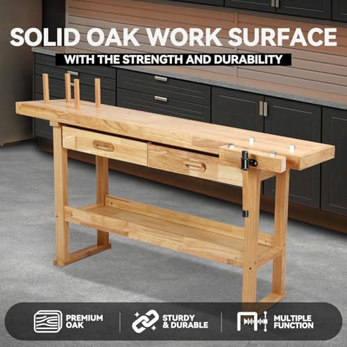 Auto Dynasty 60" Wood Workbench, Heavy Duty w/Adjustable Handle, Workshop - size: 2 Drawers (59.8'' x 24.4'' x 32.28'')