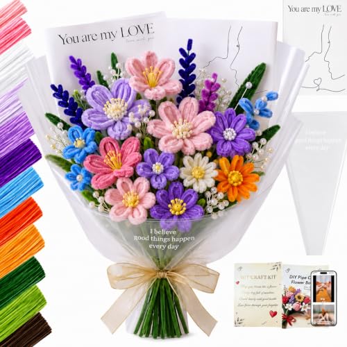 YYAWWNE 800 PCS Pipe Cleaners Flower Kit, 13 Colors Chenille Stem, with Handle, Packaging Paper and Ribbon Decoration and Instruction, DIY Bouquet Art Supplies, Art and Craft Supplies