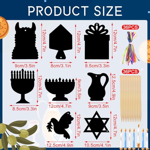 JULMELON 36PCS Hanukkah Scratch Paper Crafts for Kids, Chanukah Gifts - style: Hanukkah