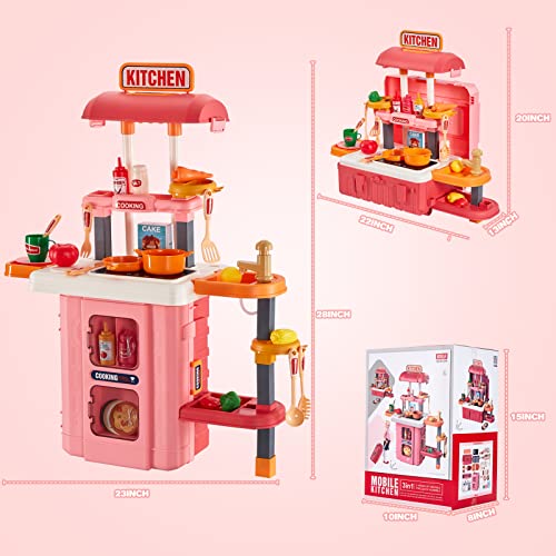 3-in-1 Kids & Toddler Play Kitchen - Interactive Kitchen Playset with Real Cooking Sounds & Lights, 50 Accessories & Flowing Water Feature, Portable Travel Suitcase Design Learning Toys for Ages 2-6 - color: Kitchen Playset