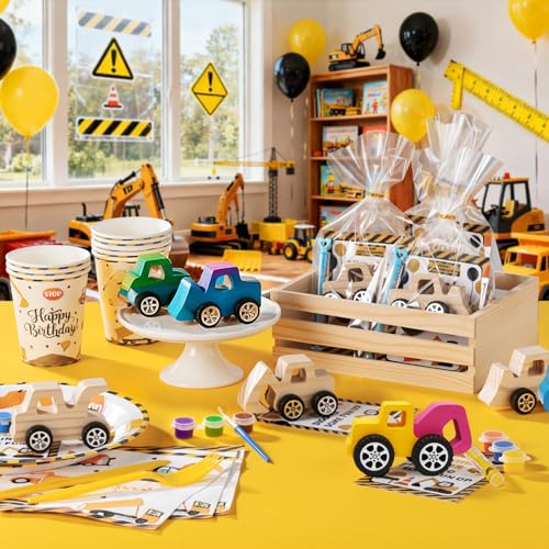 GOGREENWOVEN 12 PCS Construction Party Favors - DIY Wooden Truck Craft Kit