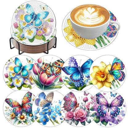 8 Pcs Diamond Art Coasters Kits, Butterfly Diamond Painting Coasters Kits - color: Butterfly