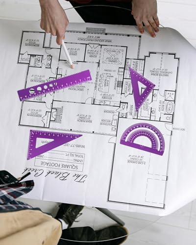 5 Pcs Metal Geometry Set, Math Drafting Ruler Kit- Aluminum Triangle Rulers, Protractor, 8 Inch and 6 Inch Drawing Ruler, Measuring Tool for School and Office Supplies (Purple) - color: Purple