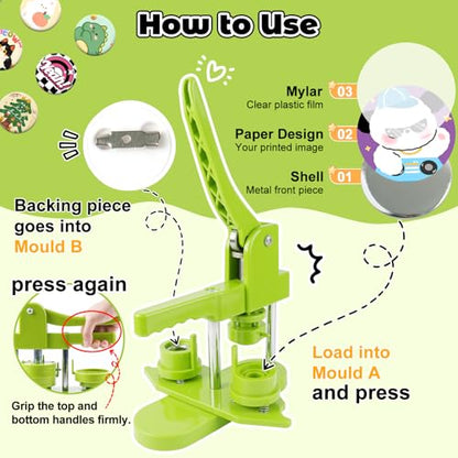 Button Maker Machine 25mm (1 in) DIY Gift, Installation-Free Pin Maker Machine, Pin Badge Button Press Machine with Free 500pcs Button Parts&100pcs Pictures&Circle Cutter(Green) - size: Round 25mm (1 inch)