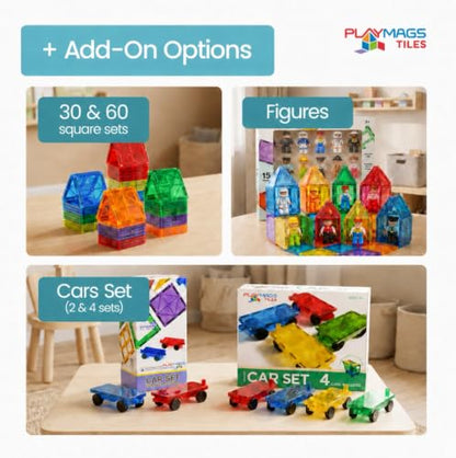 Magnetic Tiles for Kids 100-Piece Set, STEM Educational Building Blocks, Includes 2 Cars & Click-in ABC Learning Tiles, Gift for Boys & Girls, Magnetic Figures & 2 or 4 Car Set Add-Ons Available