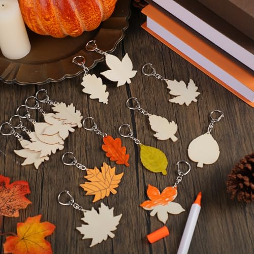 Trnayi 36 Pcs Maple Leaf Wood Keychain Color Your Own DIY Craft - style: Autumn Leaves