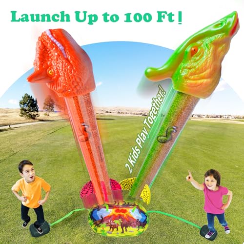 Gizzjoy Dinosaur Rocket Launcher for Kids - Launch Up to 100 Ft, 8 Rockets and 2 Pads for Multi-Player, Dinosaur Toys, Birthday Gift Ideas, for 3 4 5 6 7 Year Old Boys, Outdoor Outside - style: Double Dinosaur Rocket Launcher