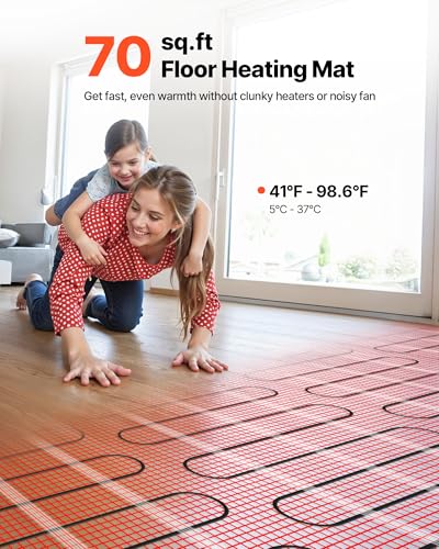 VEVOR Self-Adhesive Mesh Floor Heating Mat, 70 sqft 120V, Smart Thermostat & Alarm, Easy Install for Tile, Stone & Vinyl Flooring - size: 70 Sq.ft