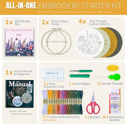 ETSPIL Embroidery Kit for Beginners, 2 Hoops, 4K Video, 4 Floral Patterns - color: flower A4