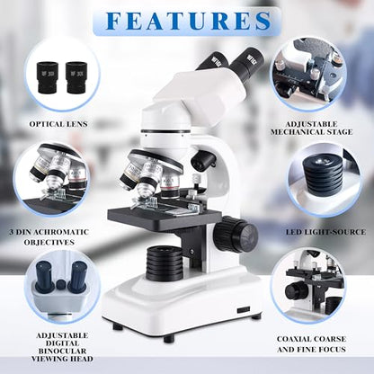 Binocular Microscope for Adults Kids Students, 64X-6000X Microscopes, 3 Objective Lens, Metal-Body Dual LED Illumination, Biological Compound Microscope Kit for School Lab, Homeschool - style: Microscope Kit - 1