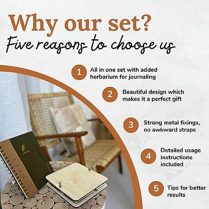 WOKK Flower Press Kit with Herbarium Journal – Wooden Botanical Press for Adults & Teens, Pressed Flower Crafts & Wedding Bouquet Preservation