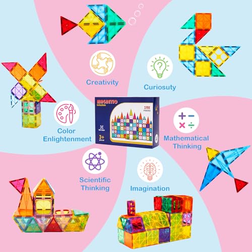Ryoichi 138PCS Magnetic Tiles Set with 2 Cars, STEM Educational Construction Building Blocks & Montessori Learning Toys for Kids Ages 3-9+ Years (Pack of 3) - size: 138PCS (Pack of 3)
