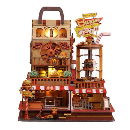 DIY Moving Miniature House Kit, 3D Wooden Puzzle Burger Joint Shop for Adults, Mechanical Model Building Kit with Music Box & LED Light Book Nook Kit