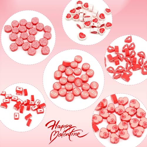 100 Pcs Valentine's Day Polymer Clay Beads Mixed Heishi Spacer Beads Supplies for DIY Bracelet Earring Necklace Jewelry Making - color: Red