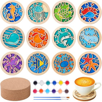 Reallnaive Wood Coasters Painting Kit DIY Craft, 12 Pcs, Sea Animal - style: Sea Animal