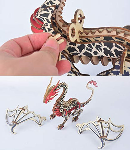 3D Wooden Puzzles Laser Engraving DIY Safe Assembly Constructor Kit Toy for Teens and Adults World Animal Mechanical 3-D Models for Self-Assembly (Flying Dragon)