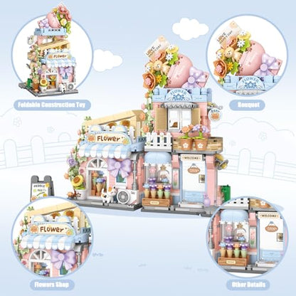 Street View Flower House Shop Mini Building Blocks, MOC Creative Building Toys Cute Panda Building Set for Girls 6-12, Simulation Architecture Construction Toy, Gift Idea for Kids Adults (854 PCS) - style: Flowers Store