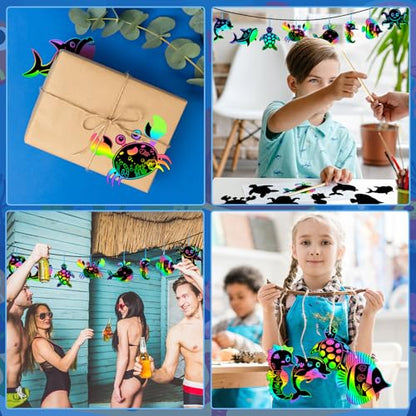 JULMELON 36 Pcs Ocean Crafts for Kids, Rainbow Scratch Art Party Favors - style: Ocean Crafts