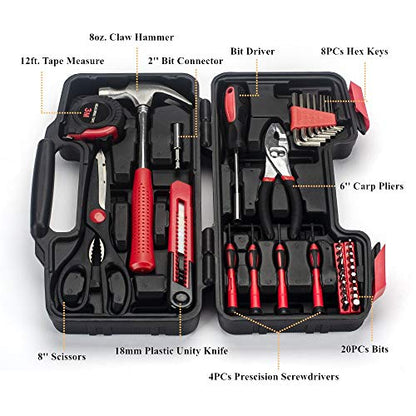 39-Piece General Tool Set-Essential Household Hand Tool Kit with Portable Toolbox Storage Case (Red)