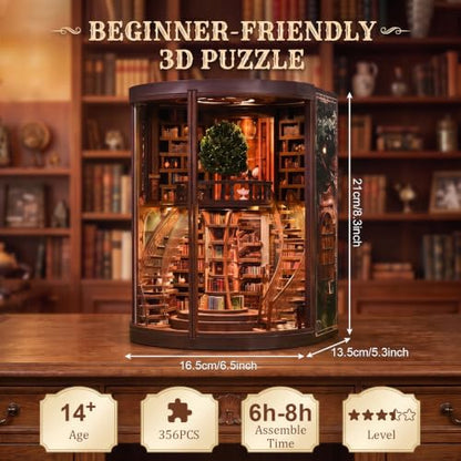 Book Nook Kits for Adults, 3D DIY Miniature Wooden Puzzle with LED Light, Adult Crafts Kits, House Bookshelf Decor, 356 Pieces Model Building Gift for Adults & Teens (Wisdom Library)