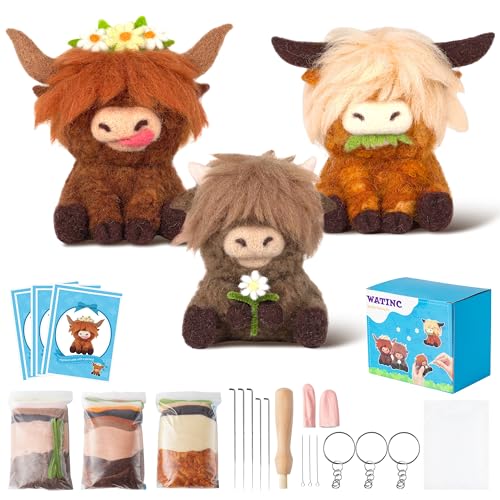 WATINC Needle Felting Kit - 3 Set Unique Different Cute Doll Wool Felt Needle Tools Foam Pad Instruction, DIY Home Decoration Craft Party Supplies for Art Work Starter Beginners (Highland Cow) - style: Highland Cow