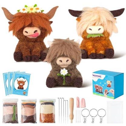 WATINC Needle Felting Kit - 3 Set Unique Different Cute Doll Wool Felt Needle Tools Foam Pad Instruction, DIY Home Decoration Craft Party Supplies for Art Work Starter Beginners (Highland Cow) - style: Highland Cow