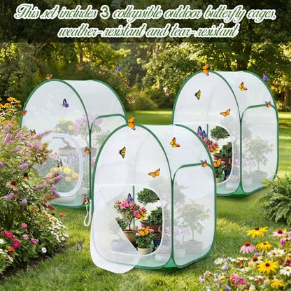 3 Pack 36" Large Monarch Butterfly Habitat Giant Collapsible Insect and Butterfly Mesh Habitat Cage Pop-up Caterpillar Growing Mesh Cage Terrarium, Side Door Design, Transparent Window Panel