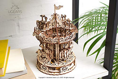 UGEARS Carousel 3D Wooden Puzzles for Adults - Mechanical 3D Model Self-Assembling Craft DIY Kit Adult 3D Puzzle Gift, Wooden Model Kits for Adults