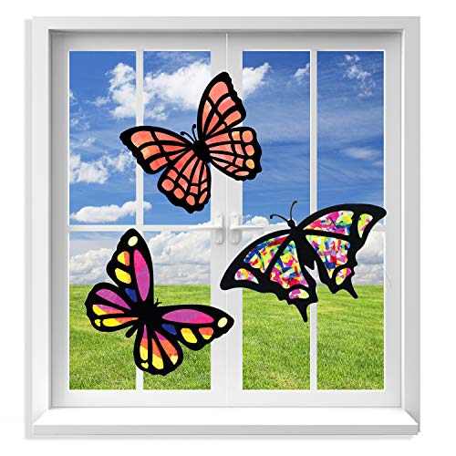 VHALE Suncatchers Craft 3 Sets (9 Cutouts) w Tissue Papers Stained Glass Effect Paper Sun Catcher Kit, Window Art, Classroom Crafts, Creative Art Projects, Kids Party Favors (Butterfly) - style: Butterfly