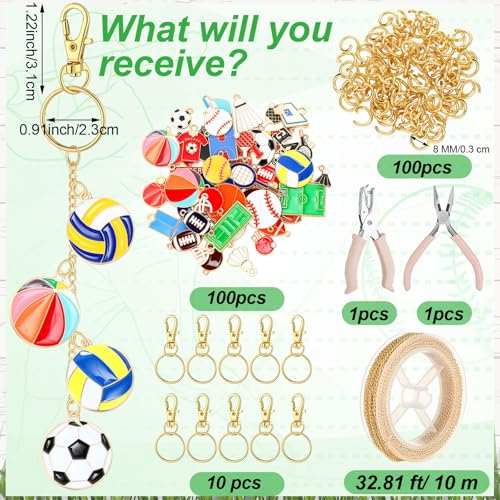 VioraWhite 213 Pcs Sports Theme Keychain Making Kit Ball Bag Charm Kit Lip Gloss Keychain 100 Football Volleyball Table Tennis Basketball Baseball Charms 32.81 ft Gold Chains for DIY Crafts Women - style: Sports Theme