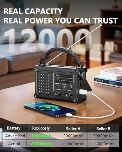 Emergency Weather Radio with Large Solar Panel, Real 12000mAh Battery - color: Black