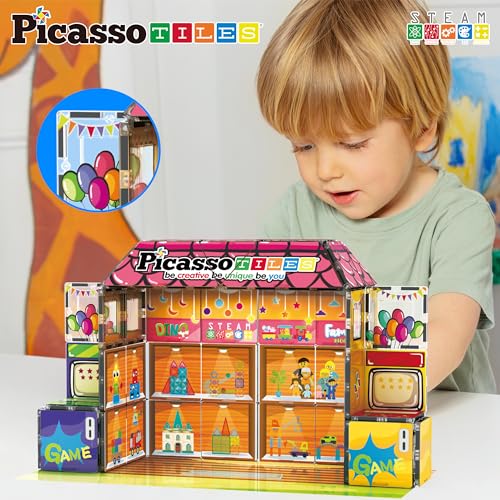 PicassoTiles 60pc Magnetic Building Block Magnet Tile Toy Shop Theme Pretend Play Construction Kit Reconfigurable Printed Structure Double-Sided Printing Education STEM Learning Playset Ages 3+ PTQ50 - color: Toy Shop