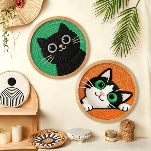BEUNITONE 2Pcs Cute Cat Punch Needle Kit for Beginners, with Hoop-20x20cm - color: 03-Peeking Cat