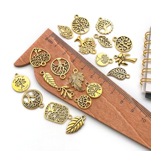 WOCRAFT 60pcs Antique Gold Tree Leaf Charms Bracelet Charms for Jewelry Making Sets DIY Necklace Bracelet Keychain Crafting Charms Kit Craft Supplies (SN888) - color: Antique Gold, size: Tree Leaf Charms