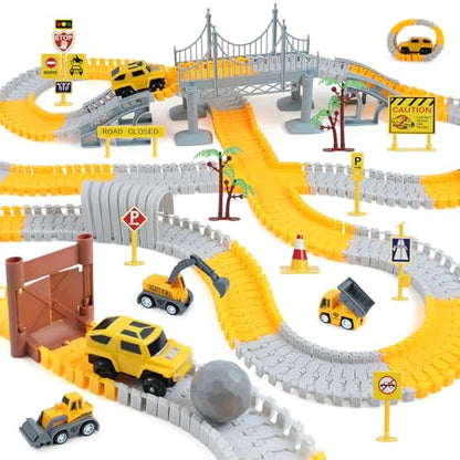 BEMITON Construction Race Track Toys for Kids - Birthday Gift for 3 4 5 6 7 Year Old Boys, 330+ PCS Track Playset with Electric Cars and Construction Trucks, DIY Engineering Road Building Sets - color: Yellow Construction Race Track