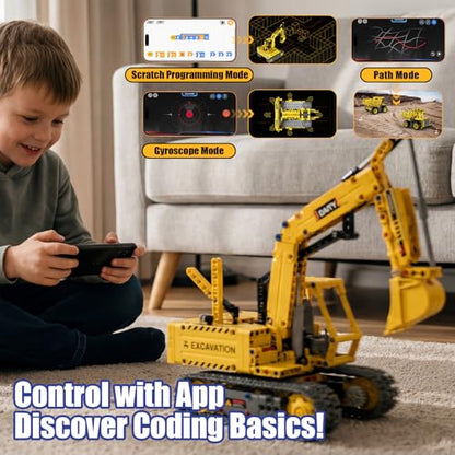 5-in-1 RC Excavator Building Kit for Kids 6+ | STEM Toys|555pcs App/Remote Controlled Excavator Kit | for Boys & Girls Ages 6+ | Rechargeable l Coding Robot Toy - style: K96173