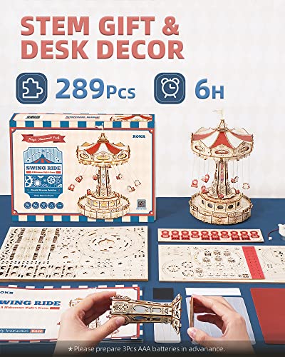 ROKR 3D Puzzles for Adults-Projects for Teens-LED Swing Ride Model Building Kit-Music Box DIY Kit-Gift for Teens and Adults