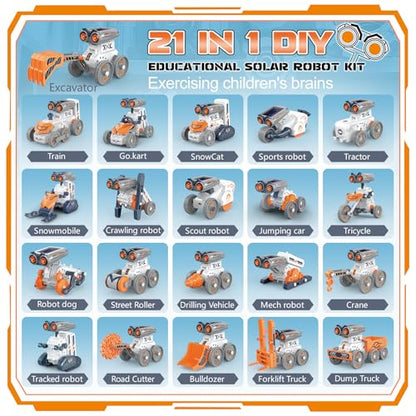 21 in-1 Solar Robot Building Kit STEM Gift for Kids 8-13, DIY Educational Science Robotics Toy Battery Solar Powered STEM Building Toy Set with 210 Pieces - size: 21 in 1