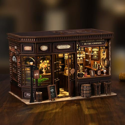Corner Tavern Book Nook Kit, 3D Wooden Puzzle DIY Miniature House with Warm LED Light, Aesthetic Bookshelf Insert Decor for Adults & Teens - style: Corner Tavern