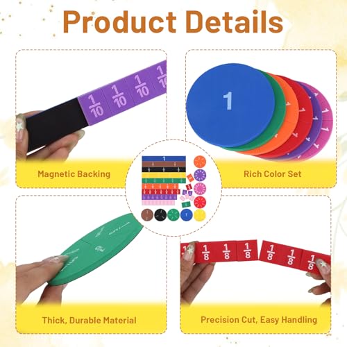 102 PCS Magnetic Fraction Tiles, Fraction Circles & Bars Set Rainbow Math Manipulatives for Fraction Learning Math Practice Teacher Must Haves - size: Fraction Pieces Round and Square