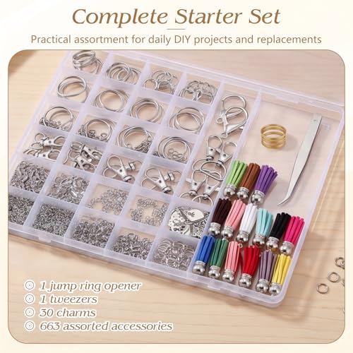 BESARME 695Pcs Keychain Making Kit with Rings, Clasps and Charms - color: Silver（695PCS）
