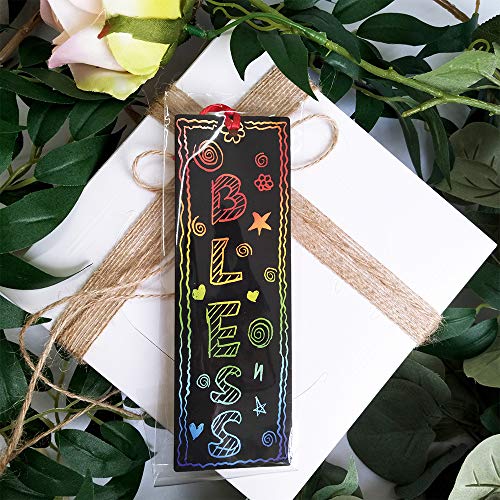 Supla 36 Sets 4 Style Magic Scratch Rainbow Bookmarks Making Kit for Kids Students Party Favor Scratch Paper DIY Bookmarks Bulk with Scratching Tools Satin Ribbons for Classroom Activities - size: Small