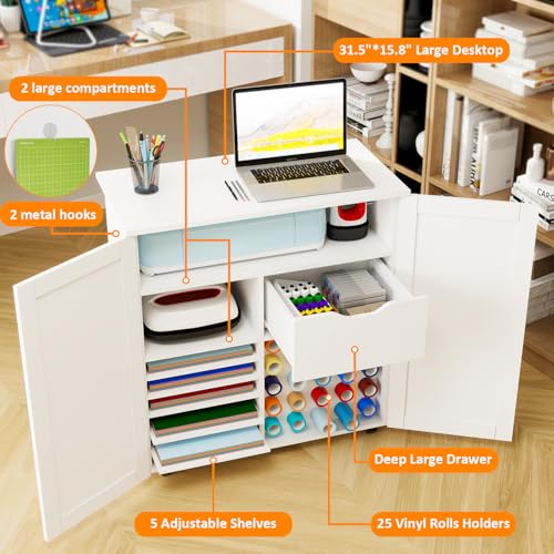 Craft Cart Cabinet Compatible with Cricut for Storage Organization, Rolling Craft Cabinet Table Stand Workstation with Vinyl Roll Holder with Wheels for Craft Room Organizer 31.6"W x 15.8"D x 33.7"H