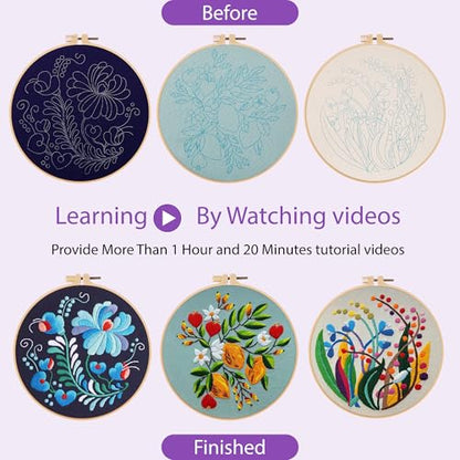 Uniartfy 3 Pack Embroidery Starter Kit for Beginners, Stamped Cross Stitch Kits for Adults with Flowers Plants and Fruits Patterns with 1 Embroidery Hoop and Color Threads, Handmade Needlepoint Kits - color: Embroidery Kit-J