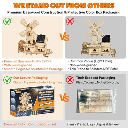 Snap-Fit Solar 3D Wooden Puzzle | Tools-Free DIY Waterwheel Dutch Windmill House Building Kit | STEM Educational Science Craft Toy for Kids 8-15 & Adults