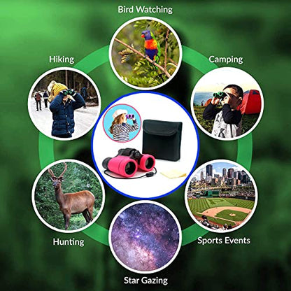 Kids Binoculars Best Gifts for 3-12 Years Boys Girls High-Resolution Optics Shockproof Mini Compact Binocuolar Toys Folding Small Telescope for Bird Watching Camping Outdoor Play - color: Pink