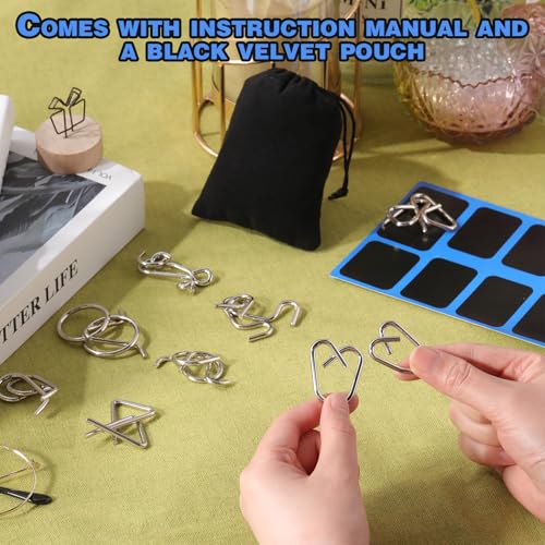 8 Pack Brain Teaser Puzzles Metal Wire Ring with Pouch, C Style - style: C Style