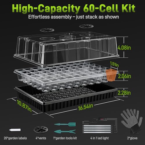 Mulctun 120-Cell Seed Starter Tray with Grow Light, Seedling Starter Trays with 4.08" Humidity Dome, Self-Watering Plant Germination Trays,Seed Starter Kit for Seeds Growing (Black) - size: 2 Pcs