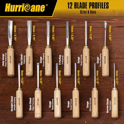 HURRICANE 12-Piece Starter Wood Carving Tools Set, Professional Wood Carving Kit with Razor Sharp 60CRV Steel Blades, Ash Wood Handles & Canvas Case for Beginners Professionals Specialties